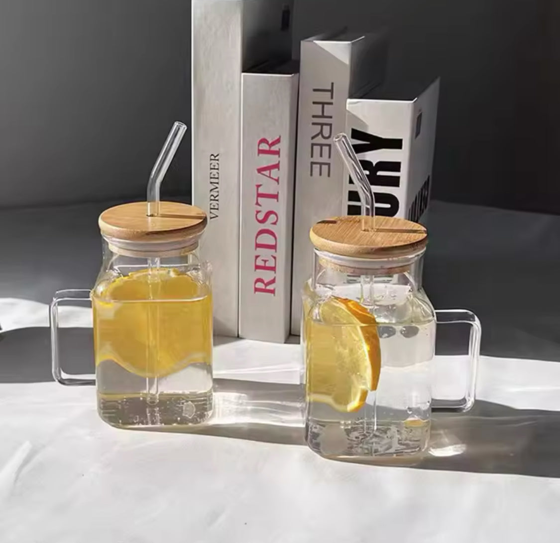 450ml Square Mug With Lid And Straw, Transparent Coffee Drinking Glass Cup With Handle, Party Beverage Cup, Portable Glass Cup With Straw Lid 450ml Square Mug With Lid And Straw, Transparent Coffee Drinking Glass Cup With Handle, Party Beverage Cup, Portable Glass Cup With Straw Lid
